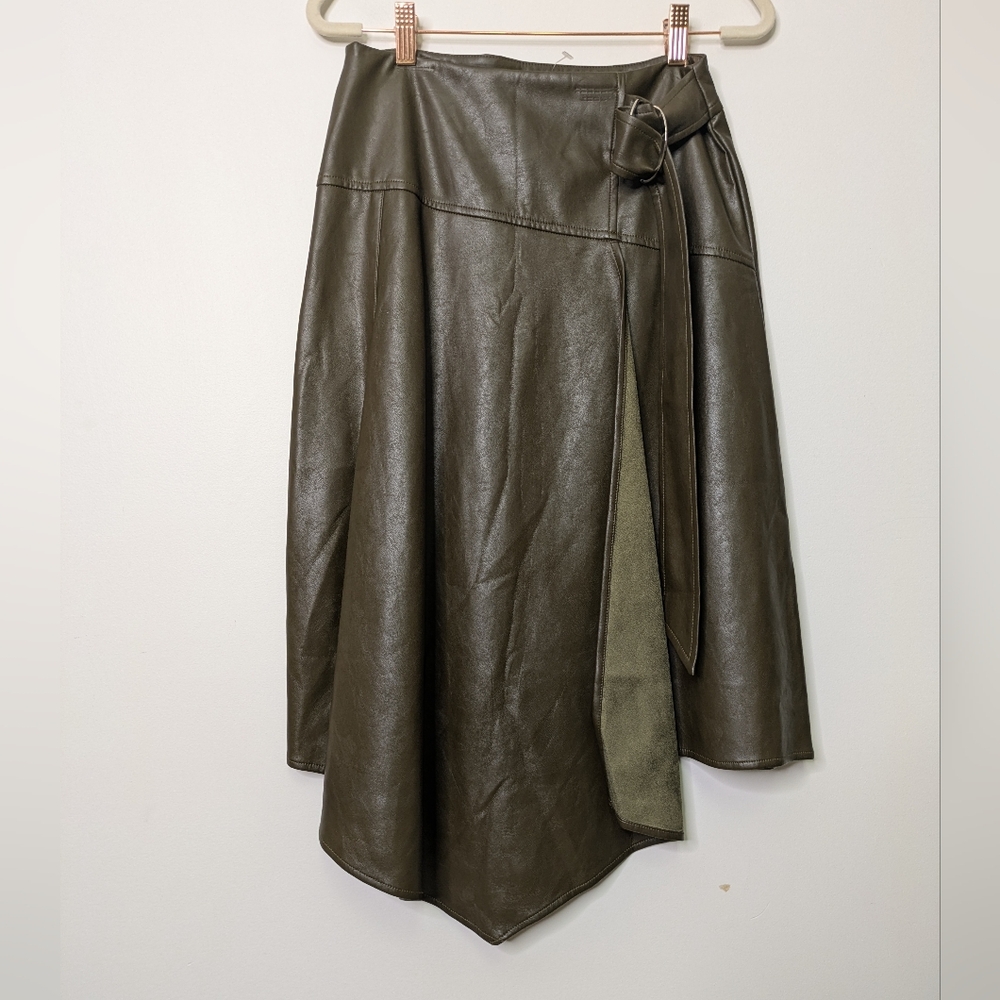 Olive Faux Leather Asymmetrical Wrap Skirt